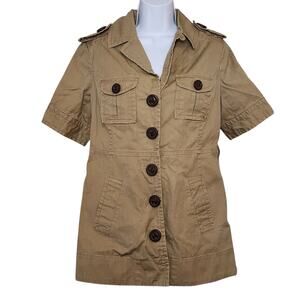 Forever 21 Womens Twill Short Sleeve Jacket Top Size M Beige Button Down Pockets